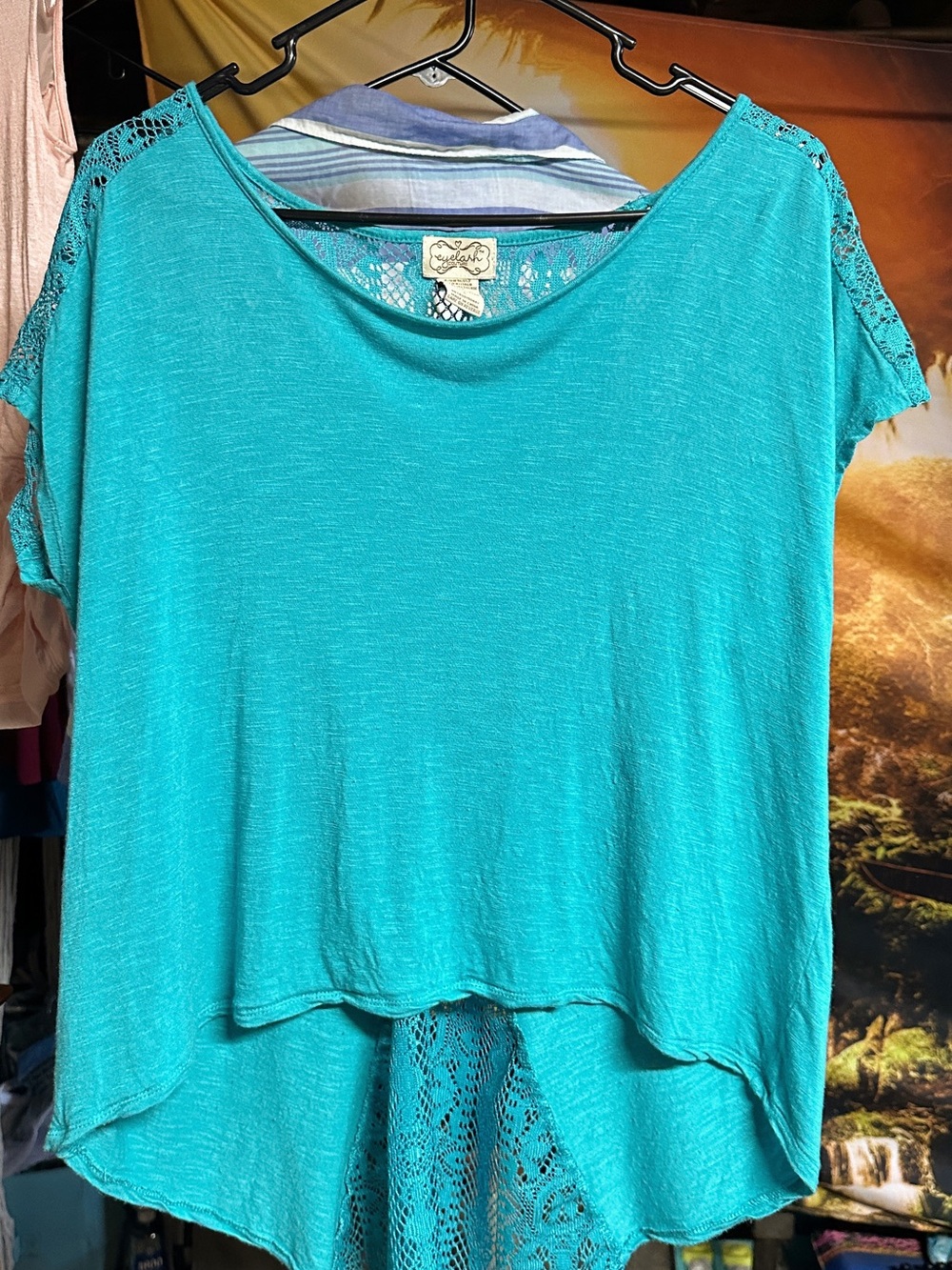 eyelash couture Turquoise Lace-Back Short Sleeve Top